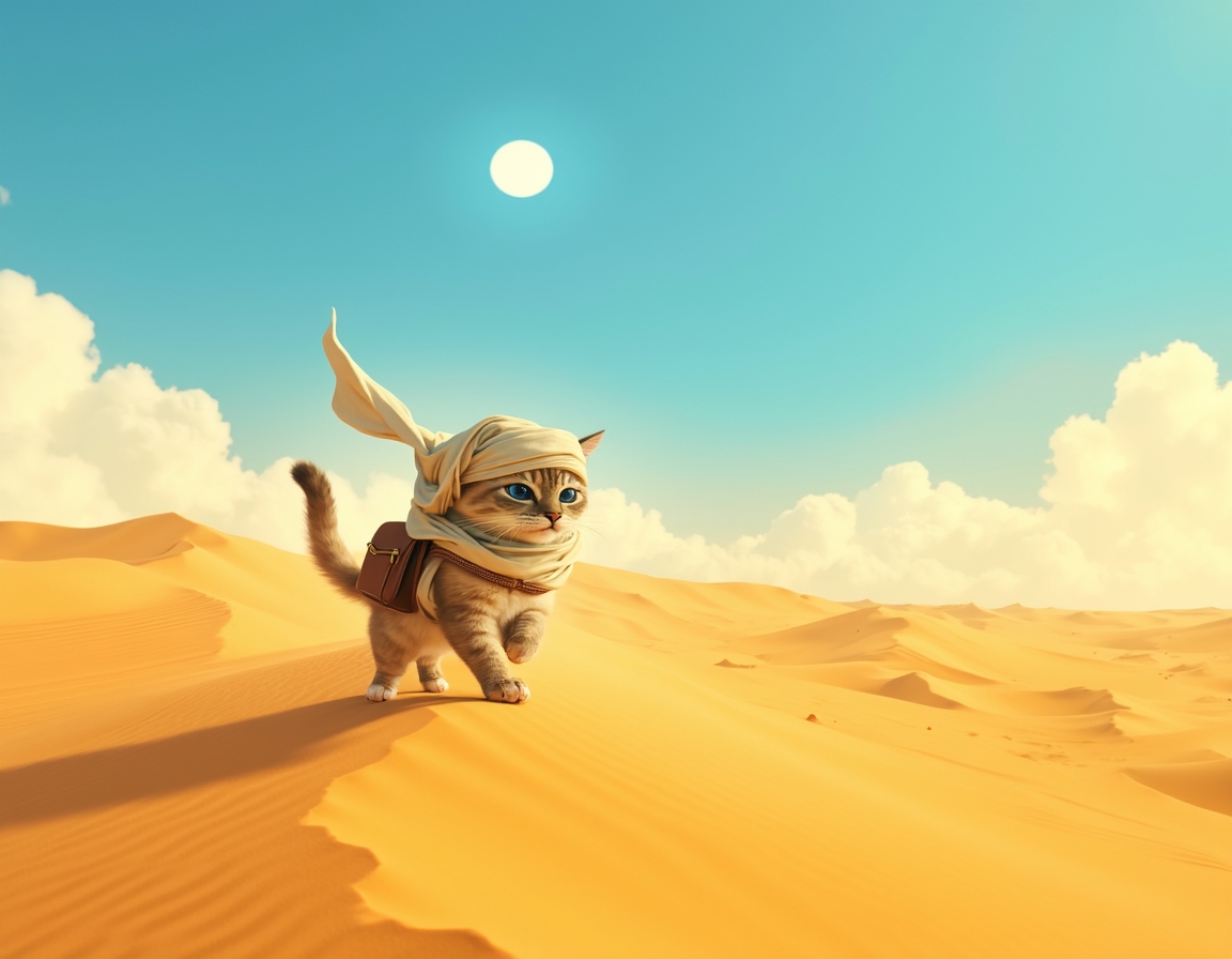 Cat crosses vast desert dunes, guided by the sun’s relentless heat and the promise of hidden oases. The scene is filled with swirling sand, vibrant skies, and an air of adventurous determination.